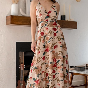 Lulus Beige‎ Floral Print Surplice Maxi Dress